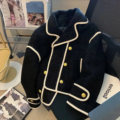 Autumn Winter Turn Down Collar Lambwool Coat Women Vintage Splices Loose Jackets Female Coat Thicken Outwears Women Jacket