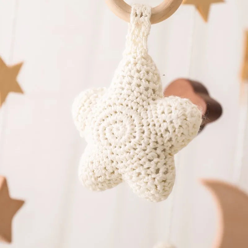 Baby Crib Mobile Bed Bell Rattle Toys Wooden Crochet Stars Pendant Bed Bell Toys Newborn Comfort Crib Bracket Hanging Toys Gifts