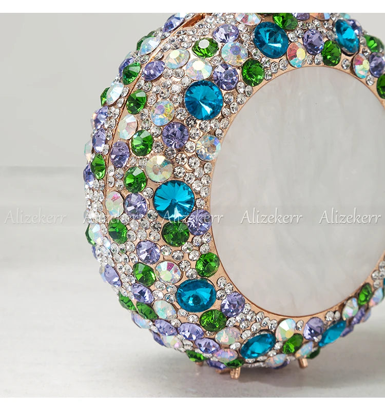 Alizekerr Perfume Bottle Shaped Crystal Evening Bags Women Gorgeous Classy Rhinestone Round Metal Clutch Purses Wedding Party