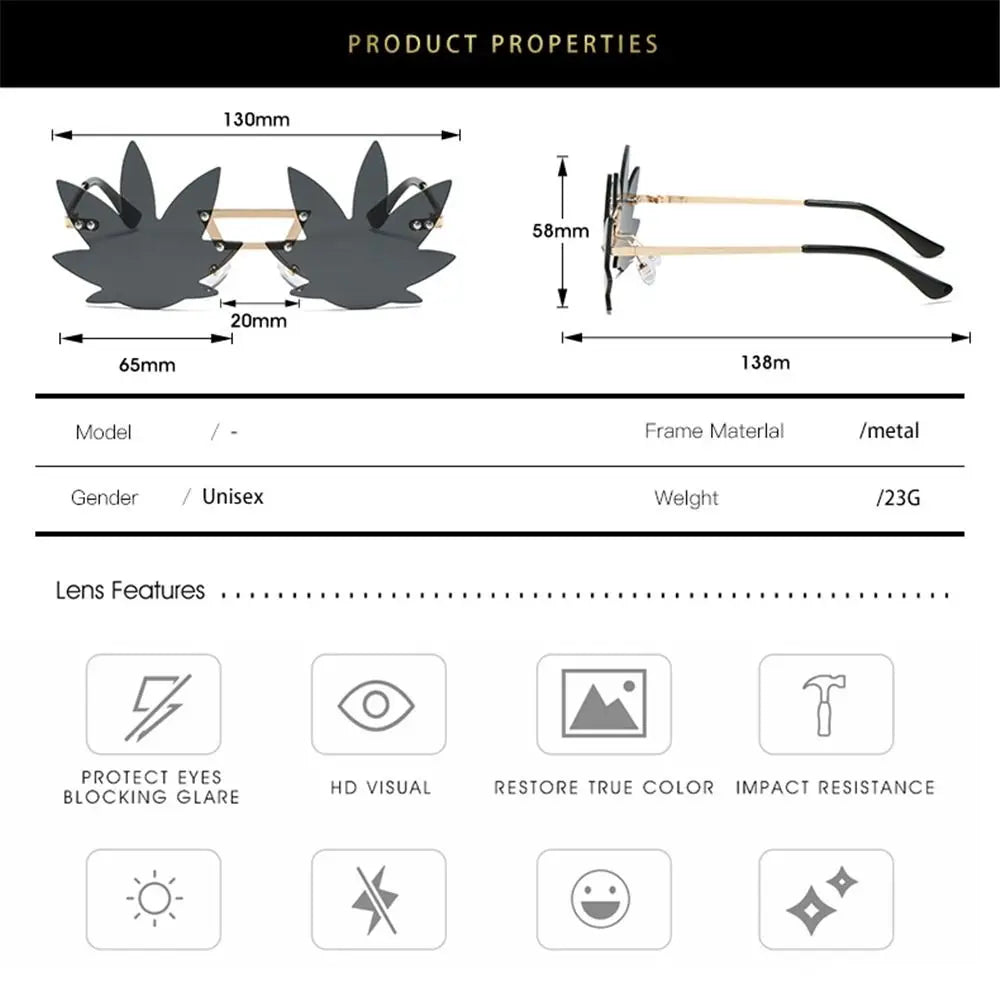Novel Rimless Maple Leaf Shape Metal Sunglasses for Women Party Decorative Sun Glasses Men Unique Street Catwalk Prom Eyewear