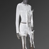 CM.YAYA Women's Set Bow O-Neck Mesh Long Sleeve Tops + Velvet Shorts Suits Streetwear Sexy Two 2 Piece Outfits Tracksuits Summer