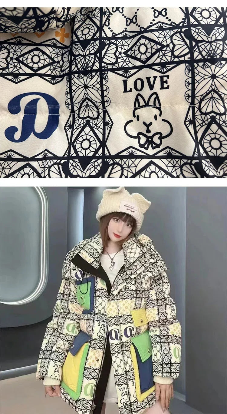2023 European Station Winter New Down Jacket Women's Warm Fashion Short Color Patchwork Graffiti thick White Duck Down Coa