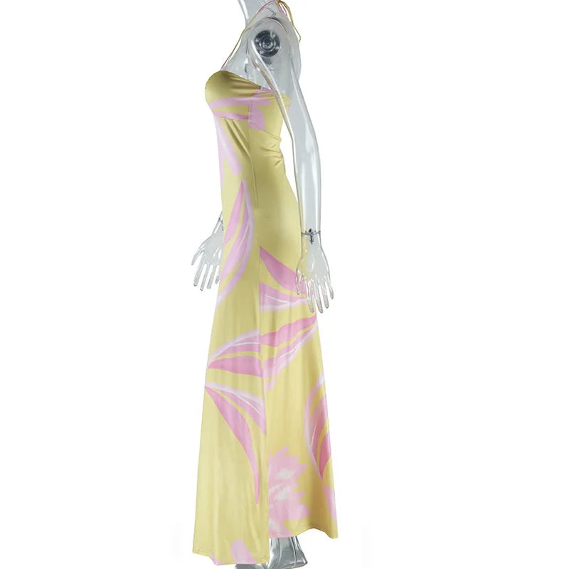 Women's Floral Print Sexy Halterneck Strappy Strapless Backless Slim Long Dress 2024 Summer Holiday Beach Loose Evening Vestidos