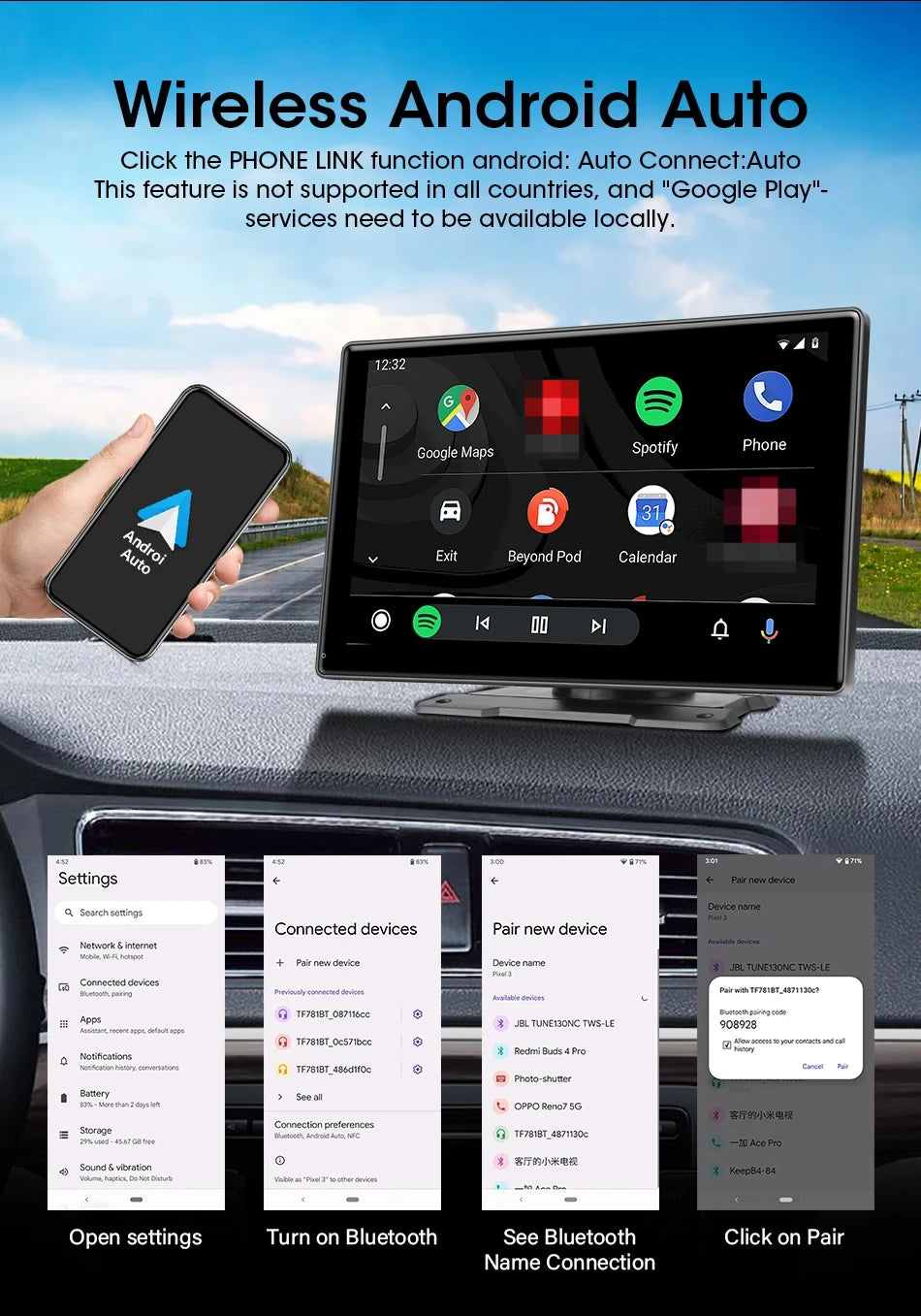 Srunbi 9 Inch Carplay MP5 Portable Smart Player Monitor Wireless Android Auto&Carplay Dual Bluetooth Music AUX USB BT 5.0 IPS