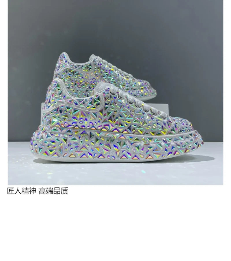 Leather Women Shoes Autumn Spring  New Style Fashion Platform Shoes Ins Platforms Sneakers Tide Shine Bling Rhinestone Shoes