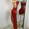 Sparkly Red Diamonds Asymmetrical Two Pieces Dress Design 2025 Women Sexy Strapless Top Skirt Suits Dance Performance Outfit