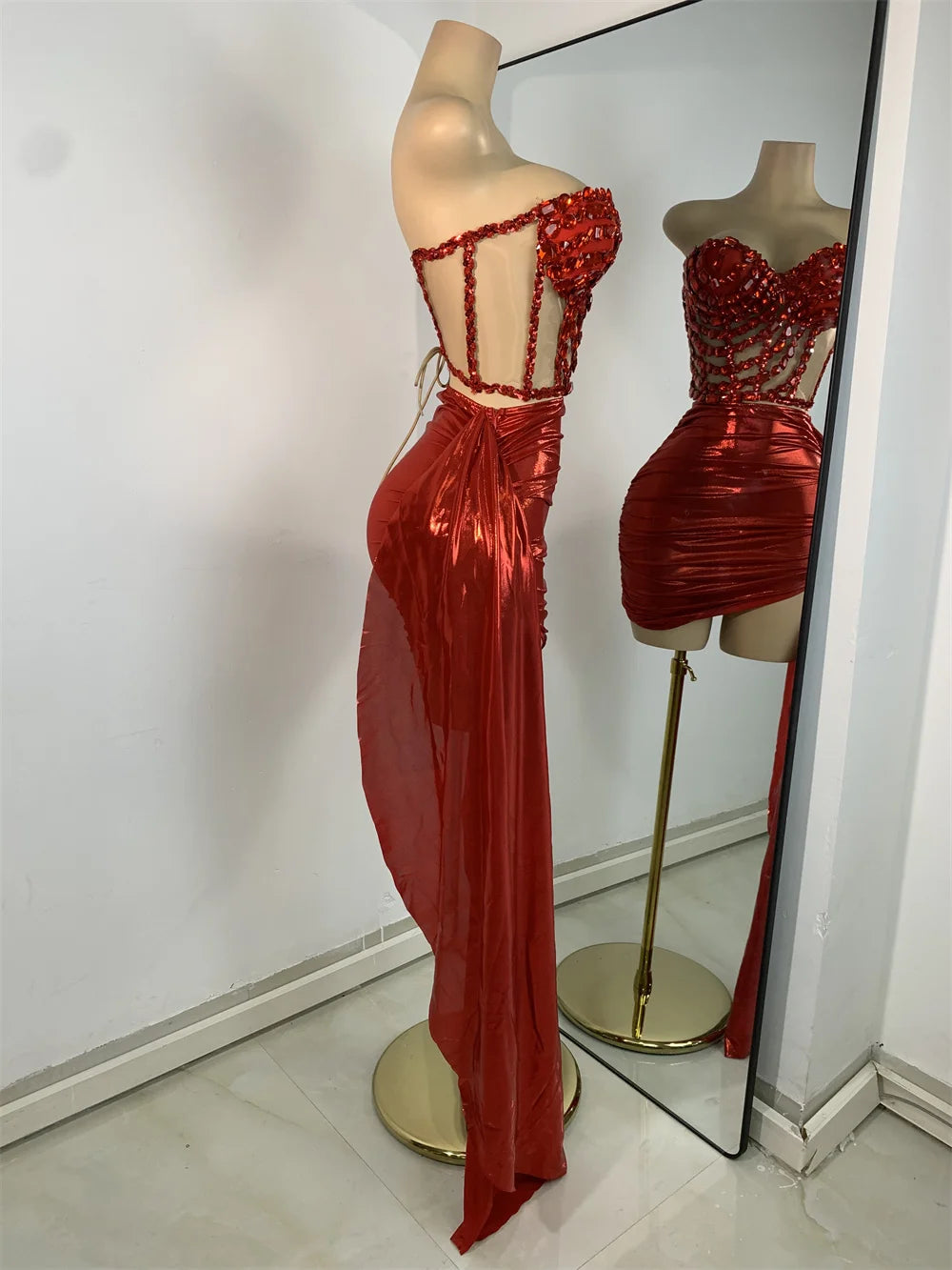 Sparkly Red Diamonds Asymmetrical Two Pieces Dress Design 2025 Women Sexy Strapless Top Skirt Suits Dance Performance Outfit
