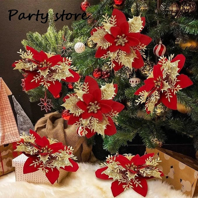 Silver Glitter Christmas Flowers Silver Xmas Tree Artifical Flower Ornaments Merry Christmas Decoration For Home Party New Year