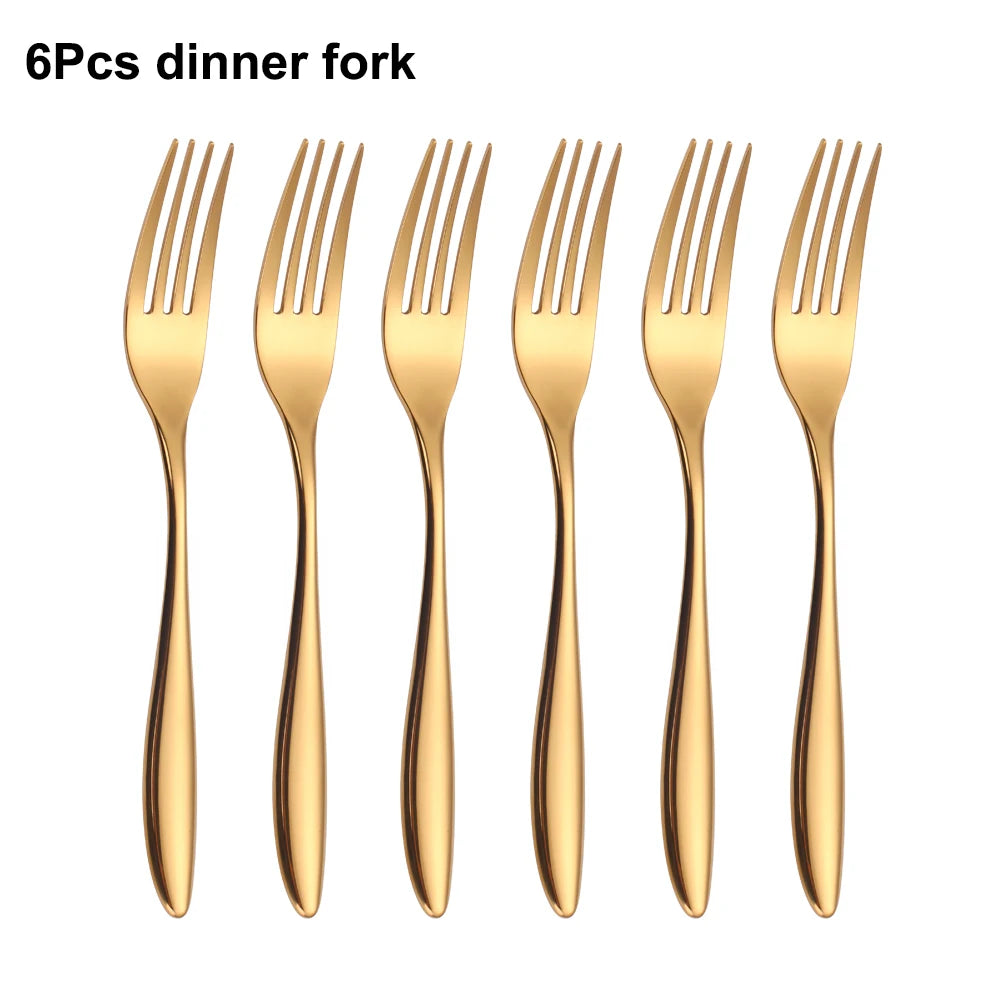 6/16/20/24Pcs Gold Tableware Stainless Steel 304 Cutlery Set Western Dinner Set Mirror Knife Fork Spoon Smooth Handle Flatware