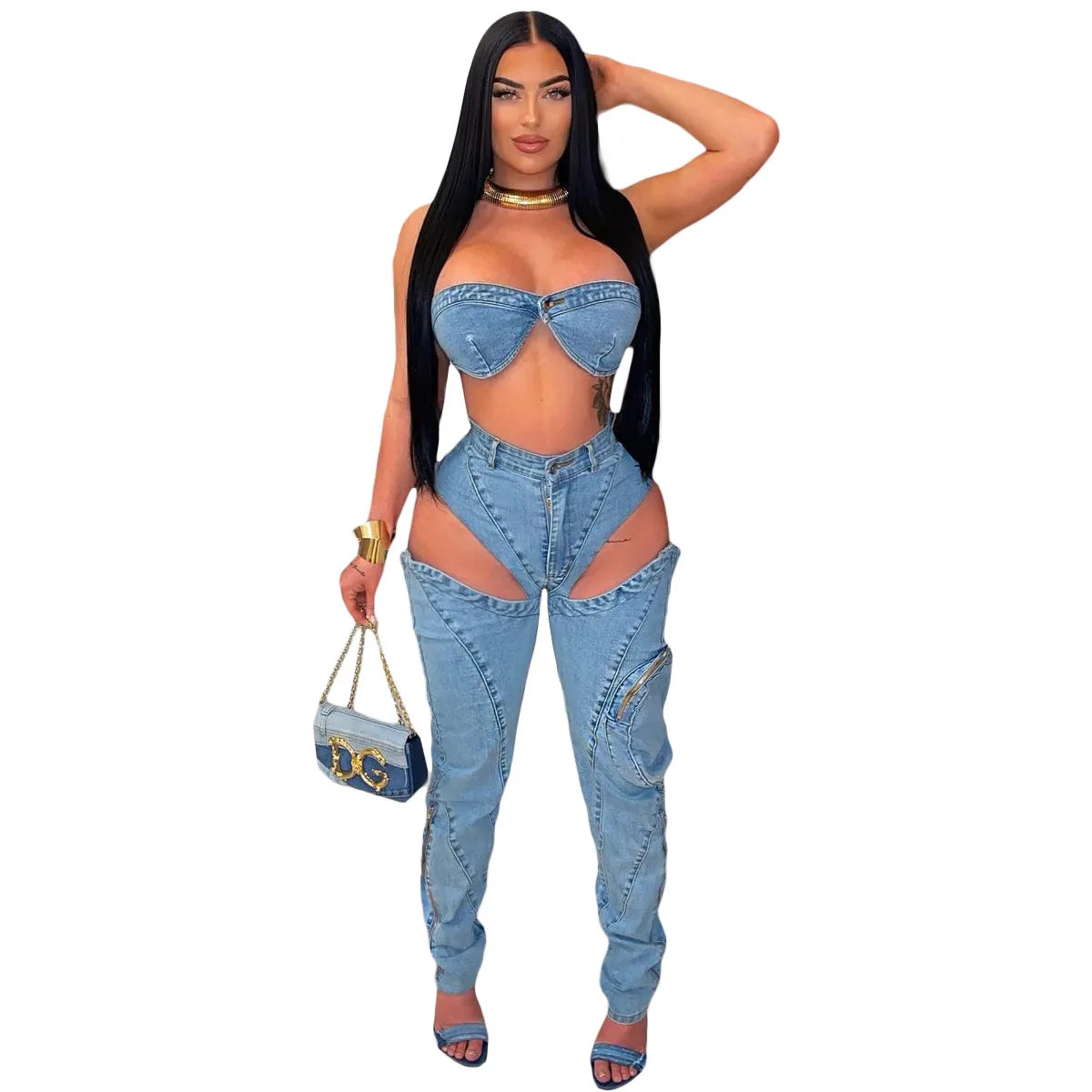 Denim Pants Sets for Women 2024 Sexy Streetwear Two Piece Set Outfits Chest Wrap Sleeveless Backless Top Hollow Out Jeans