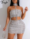 Sexy halter rhinestone mini summer dress women elegant bodycon night club party dresses woman short evening dresses vestidos HL