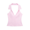 HH Women Pink 2 Piece Set Sexy V-Neck Sleeveless Backless Suspender Zipper Top+High Waist Back Pocket Mini Skirts Shorts Y2K