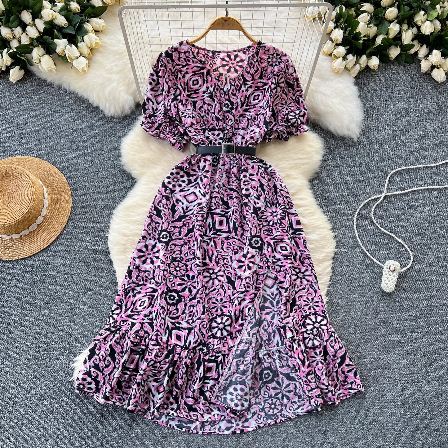Summer Pleated Women Buttons Dresses Casual Beach Holiday Short Sleeve V Neck Woman Midi Dress Bohemian Mujer Vestidos