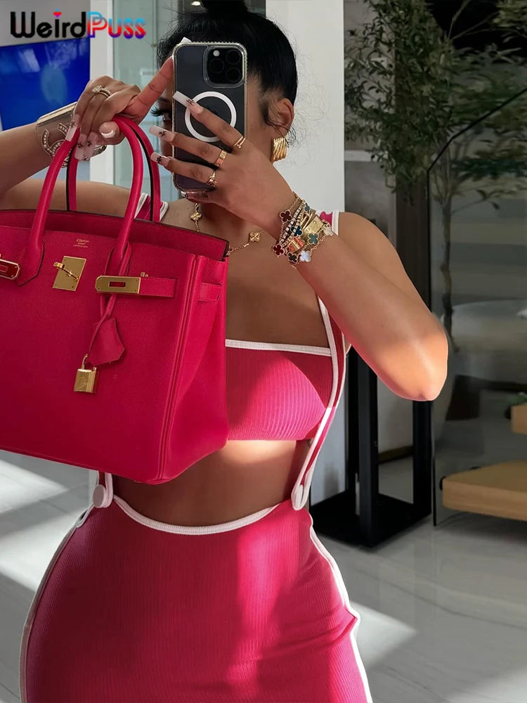 Weird Puss Summer Trend 2 Piece Set Women White Edging Strapless Tops+Shoulder Straps Dress Stretch Matching Streetwear Outfits