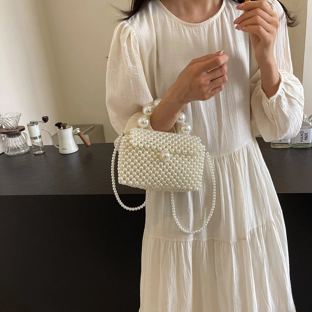 2024 Newest Handmade Pearl Knitting Evening Handbag Luxury Women's Snall Crossbody Bag High-end Hand-Woven Elegant Clutch Purses