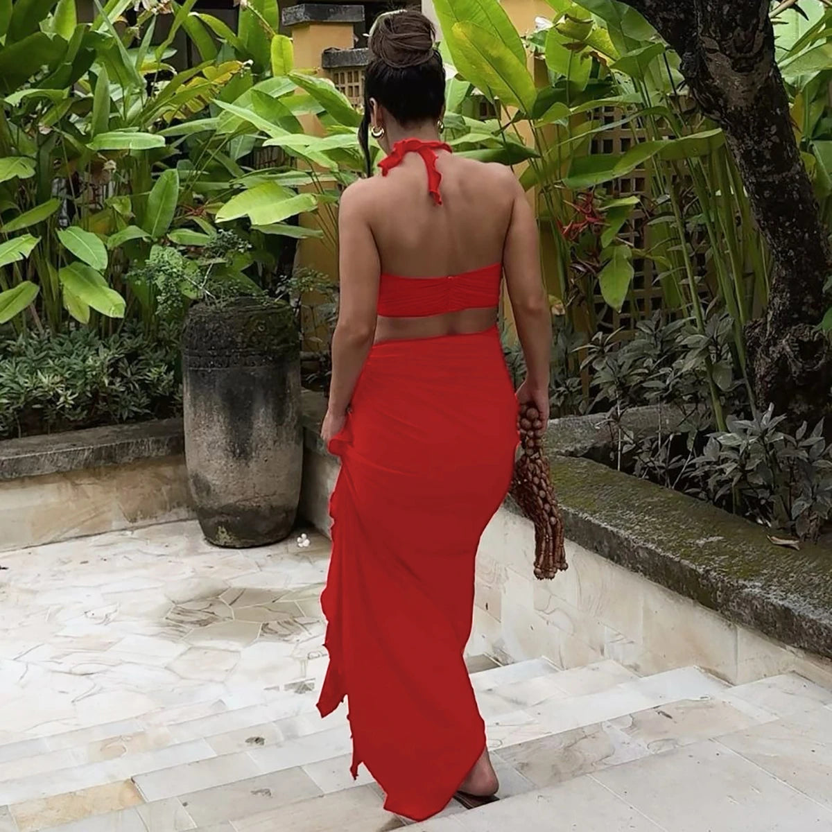 Hugcitar Fashion 2 Pcs Sets Strapless Tie Flower Draped Sexy Crop Tank Top Slit Tassel Maxi Skirt Women Outfit Festival Party