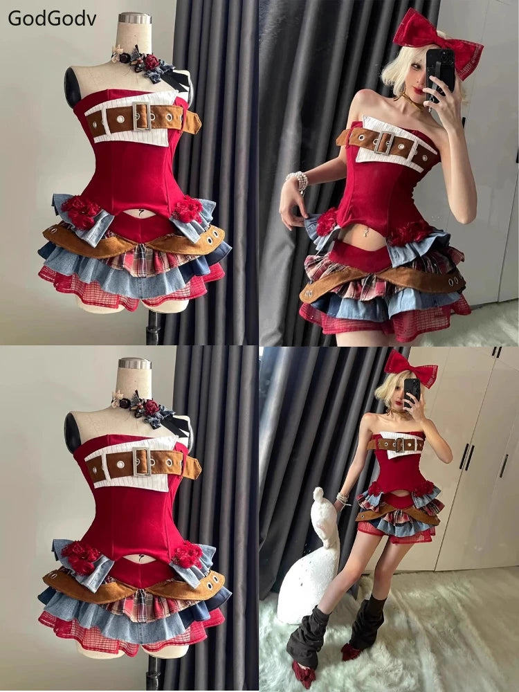 Punk Style Vintage Woman 2 Piece Sets Y2k Design Strapless Crop Tops + High Waist Ruffle Skirt Female Party Korea Style Outfits