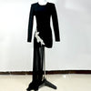 GPBD Sexy Bead Appliques Irregular High Low Dress Black Long Sleeved O-Neck Long Dresses Autumn Clothes Women 2024