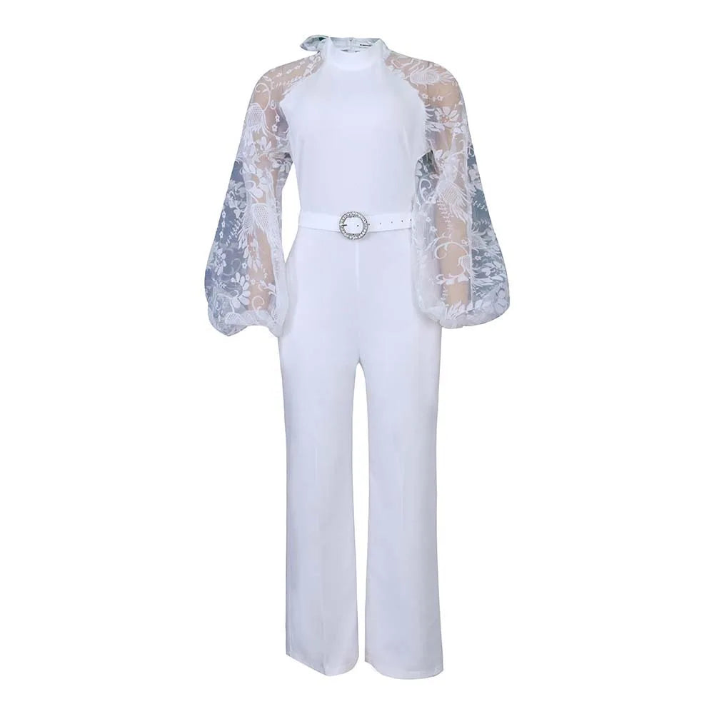 Elegant Jumpsuits for Women Luxury Round Neck Full Sleeve Belt Waisted High Waisted Straight Female Birthday Party Celebrate New