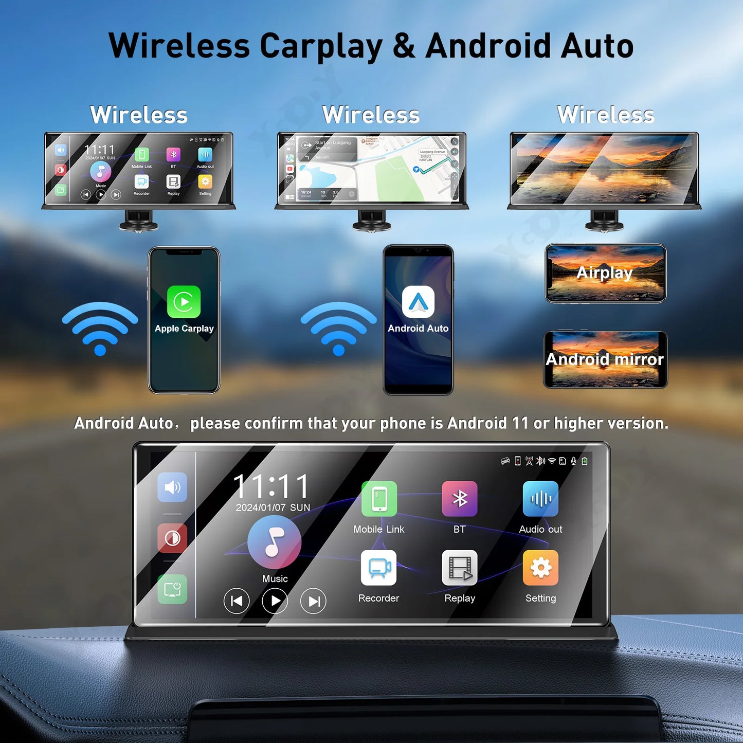 XGODY 11.3" 4K Dash Cam Wireless Carplay Android Auto Car DVR GPS WiFi Navigation Rearview Camera Dashboard Video