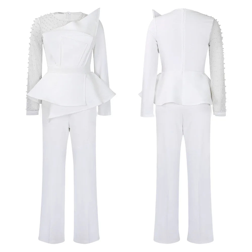 Luxury Jumpsuits & Rompers for Women Round Neck Beaded Transparent Sleeve High Waisted Elegant Female Birthday Party Overalls