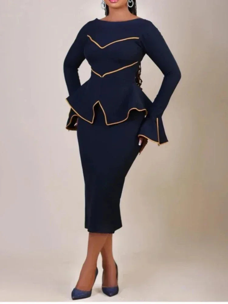 Elegant Women's Office Dress Round Neck Ruffle Edge Long Sleeved Dresses Formal Business Color Blocked Line Workwear New Style