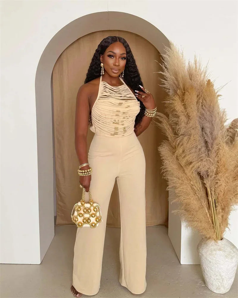 Sexy Halter Backless Jumpsuits Woman Elegant High Waist Flare Pants Sleeveless Beading Ruched Party Romper Birthday Club Outfits