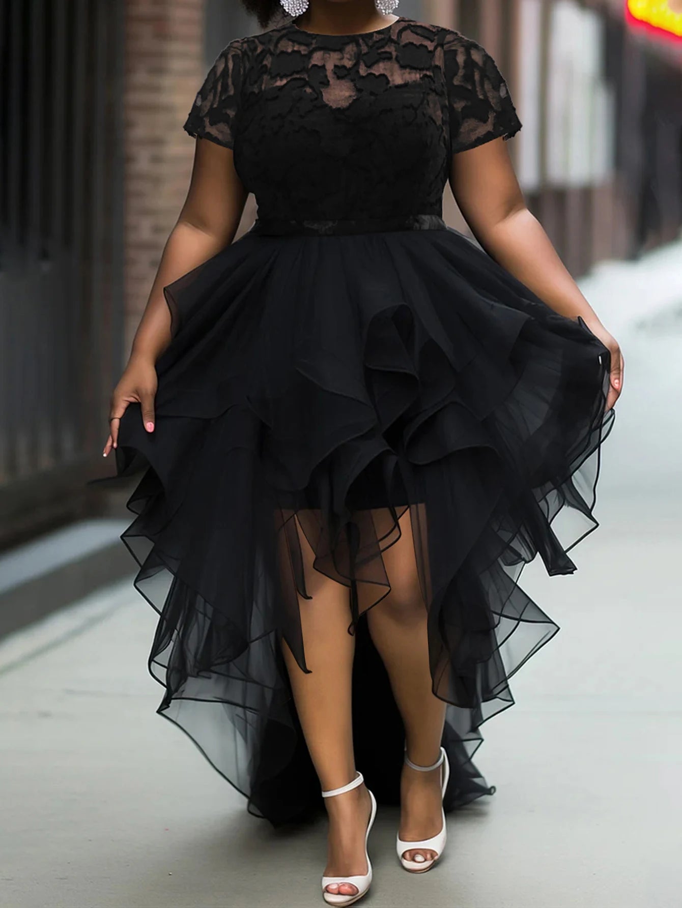 Women Plus Size Lace Patchwork Dress Short Sleeve Irregular Hem Elegant Sheer See Through Party Cocktail Evening Long Dresses