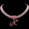 Hip Hop Bling Pink Crystal Cursive Initial Letter Cuban Necklace for Women Iced Out Paved Cuban Chain Necklace Choker Jewelry