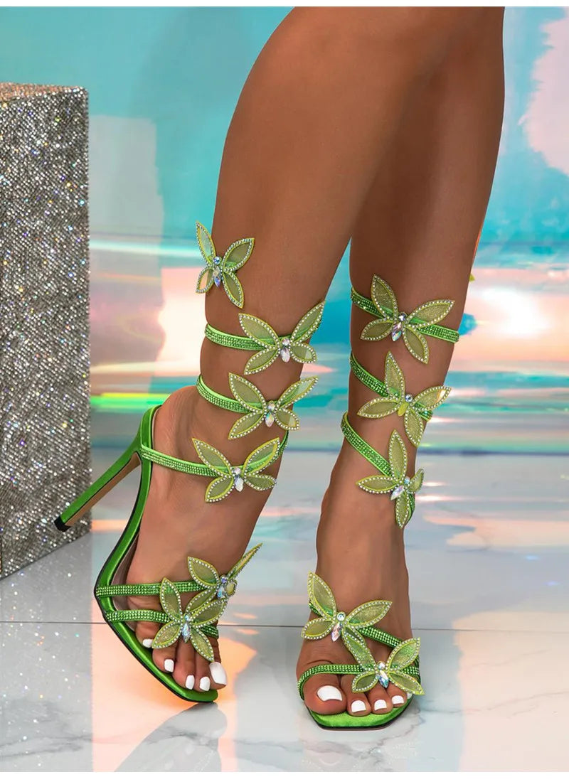 Summer Luxury Rhinestones Butterfly Decoration Women Gladiator Sandals Fashion Stiletto High heels Crystal Banquet Sandals Shoes