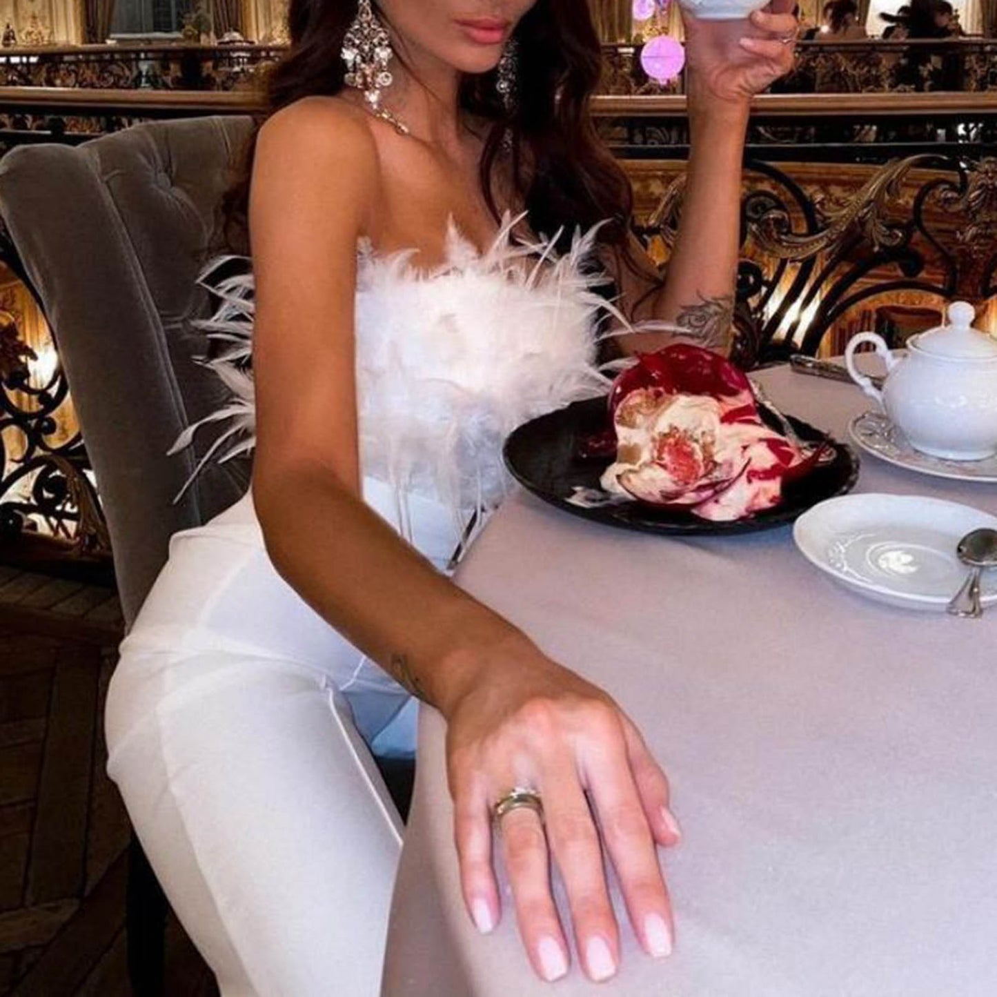 Women Jumpsuit Feather Tube Top Sexy Evening Party Jump Suits Sleeveless High-waisted Straight Playsuits Night Clubwear Overalls