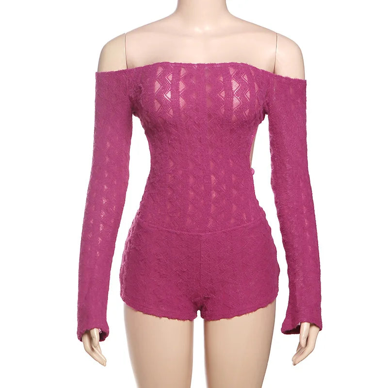 2025 Spring Women's Clothes Above Knee Sexy Knit Rib Romper One Piece Off Shoulder Long Sleeve Skinny Short Jumpsuits Playsuits