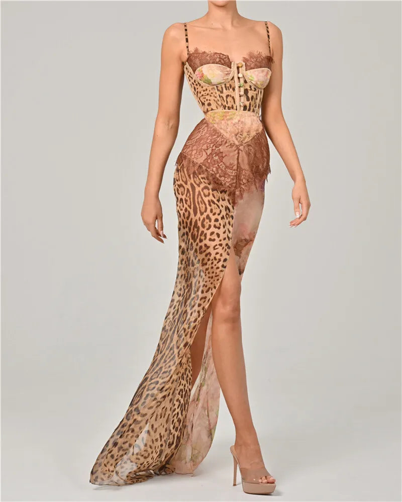 Mozision Leopard Print Lace Split Sexy Maxi Dress Women Gown Elegant Patchwork Chiffon Sleeveless Backless Beach Evening Dress