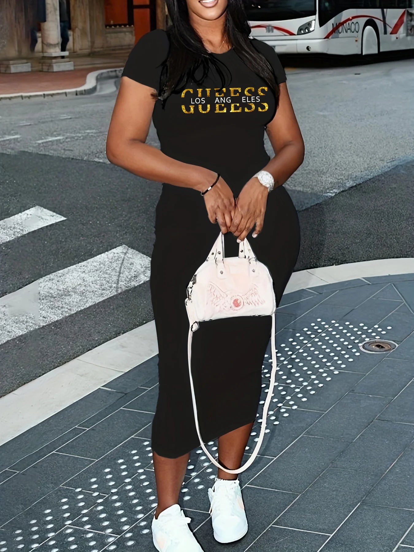 Ladies' summer GUEESS Los Angeles letter pattern printed round neck short sleeved casual slim fit sexy fashion dress