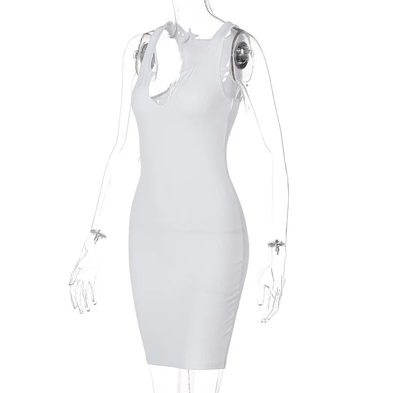 Sexy Deep U Neck Wrap Chest Slim Bodycon Dress Women Sleeveless Solid Color Skinny Dress Elegant Club Party Vestidos