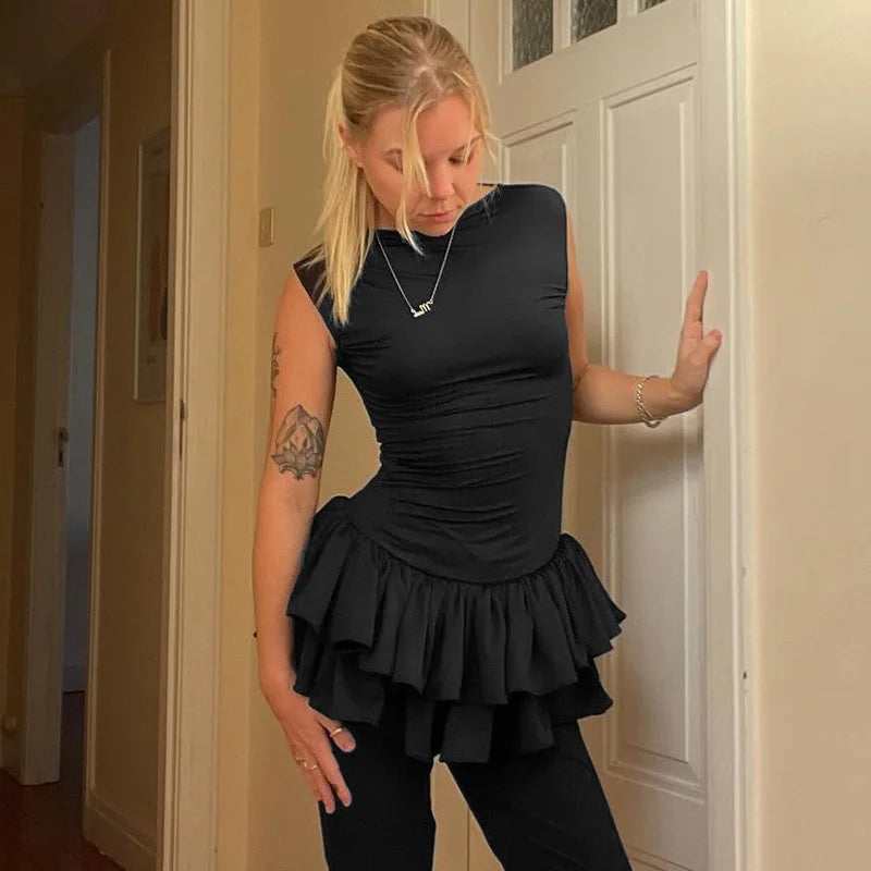 Women's Solid Pleated Short Dress Sleeveless O-neck Fashion Elegant Simple Mini Bodycon Dresses Slim Street Casual Party Holiday