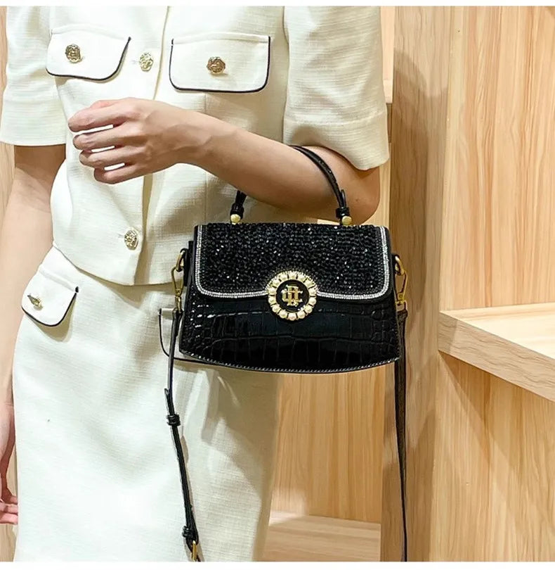 Fashion Diamonds Women Handbags 2023 Red Genuine Leather Lady Shoulder Messenger Bag Crocodile Pattern Portable Shell Tote Bags