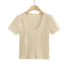 Women V Neck Knitted Crochet Tee With