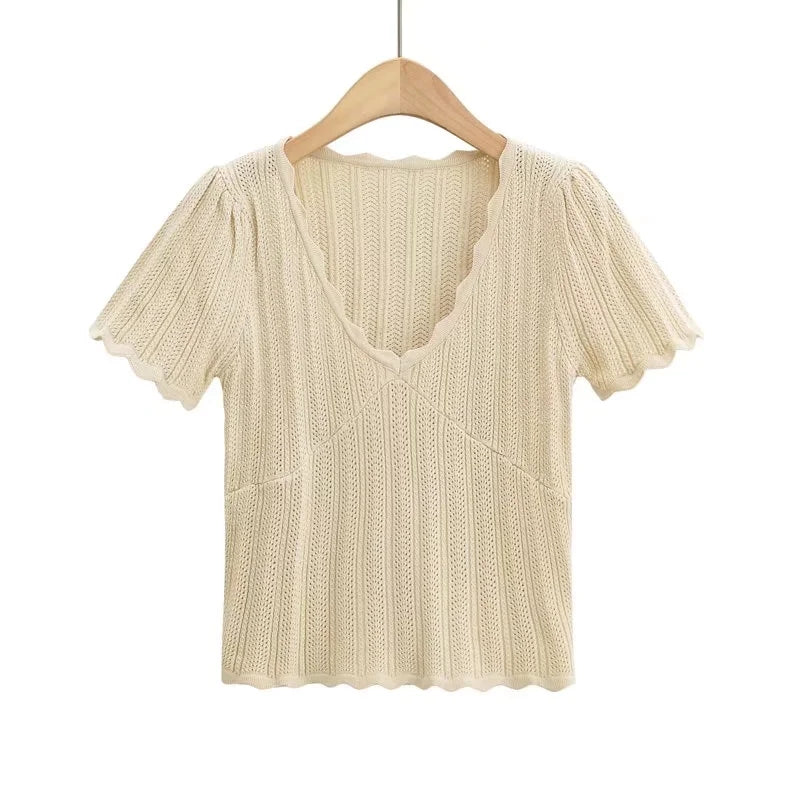 Women V Neck Knitted Crochet Tee With