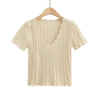 Women V Neck Knitted Crochet Tee With