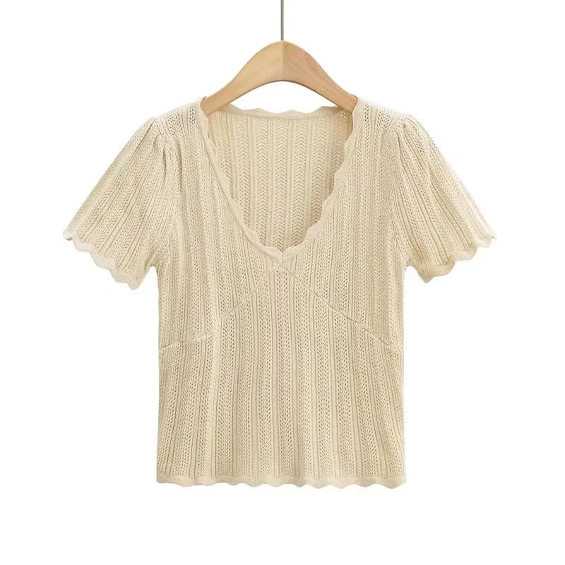 Women V Neck Knitted Crochet Tee With