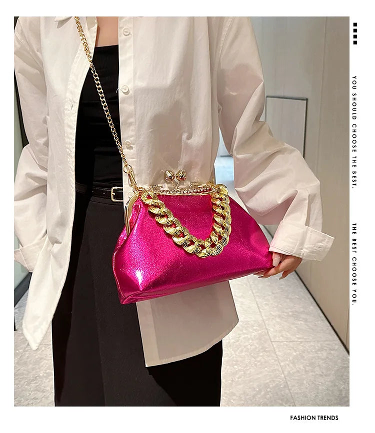 2024 Luxury Women Gold Green Chain Messenger Bags PU Leather Shoulder Bags Shell Clip Designer Handbag And Purse Wedding Clutch