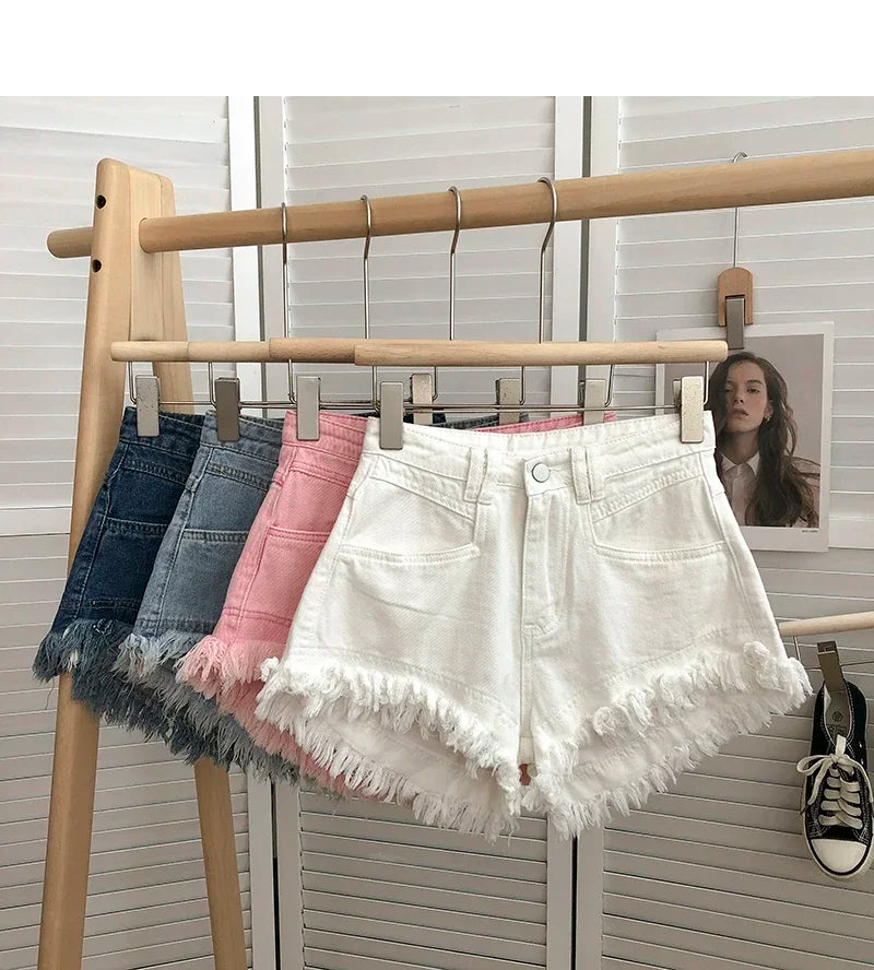 ITOOLIN Women Vintage Tassels Denim Shorts Button Loose High Waist A-line Jean Shorts Casual Women Office Trousers Streetwear