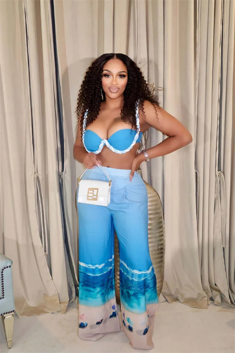 Sexy Nightclub Outfits for Women 2 Piece Set Birthday Vacation Bra Crop Top and Print Wide Leg Pants Matching Sets Beach Wear