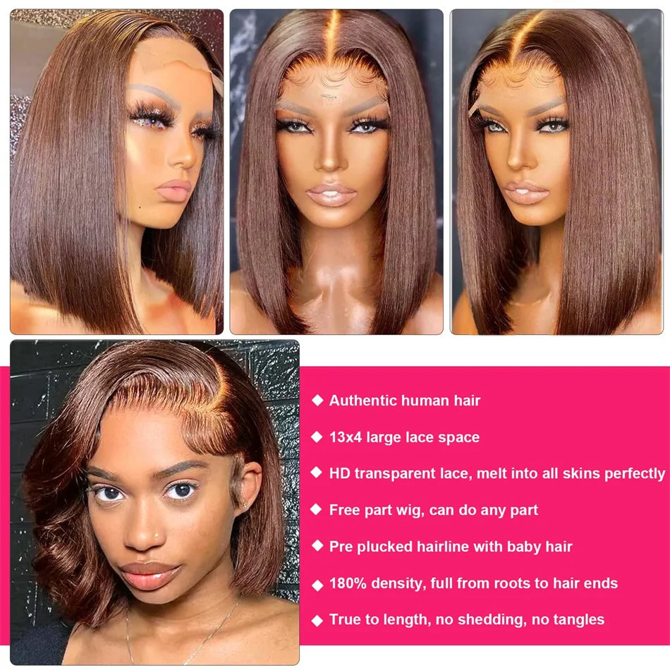 12A Double Drawn 210% Density Bone Straight Hair Bob Wig 13x4 Lace Front Wig 10-16 Inches Chocolate Brown Human Hair Wig
