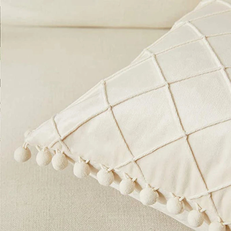 Inyahome Velvet Waist Throw Pillow with Pompom Solid Color Decorative Cushio Pillow Pink Grey Green Solid Velvet Home Pillowcase
