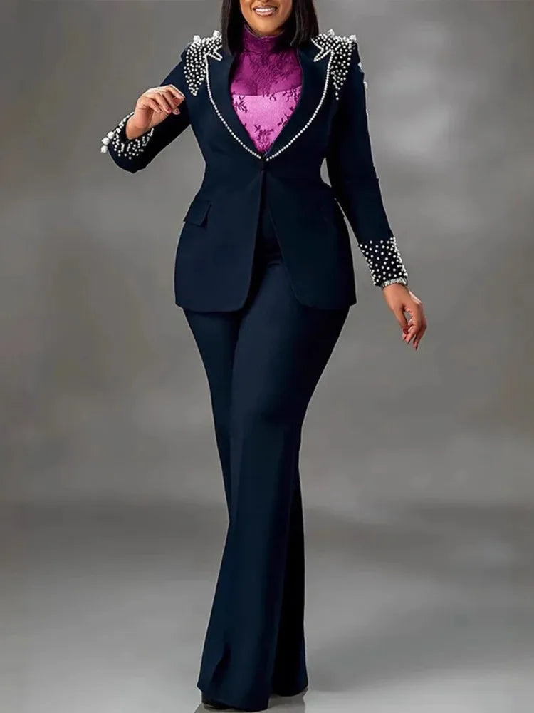 2 Pieces Women's Sets Autumn Winter Long Sleeve Pearl Blazers Suit Tops And Pants Suits Two Piece Set Tracksuit Outfit 2025