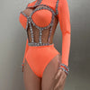 Sexy See-Through Strapless Rhinestone Tops Zipper Jacket High-waisted Shorts 3-Pieces Sets Party Nightclub Perfprmance Costume