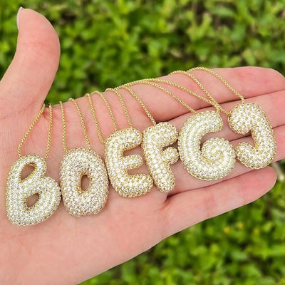 18K Gold Plated Waterproof Thick Bubble Alphabet Letter Clavicle Choker Necklace Sparkling Rhinestone Balloon Initial Jewelry