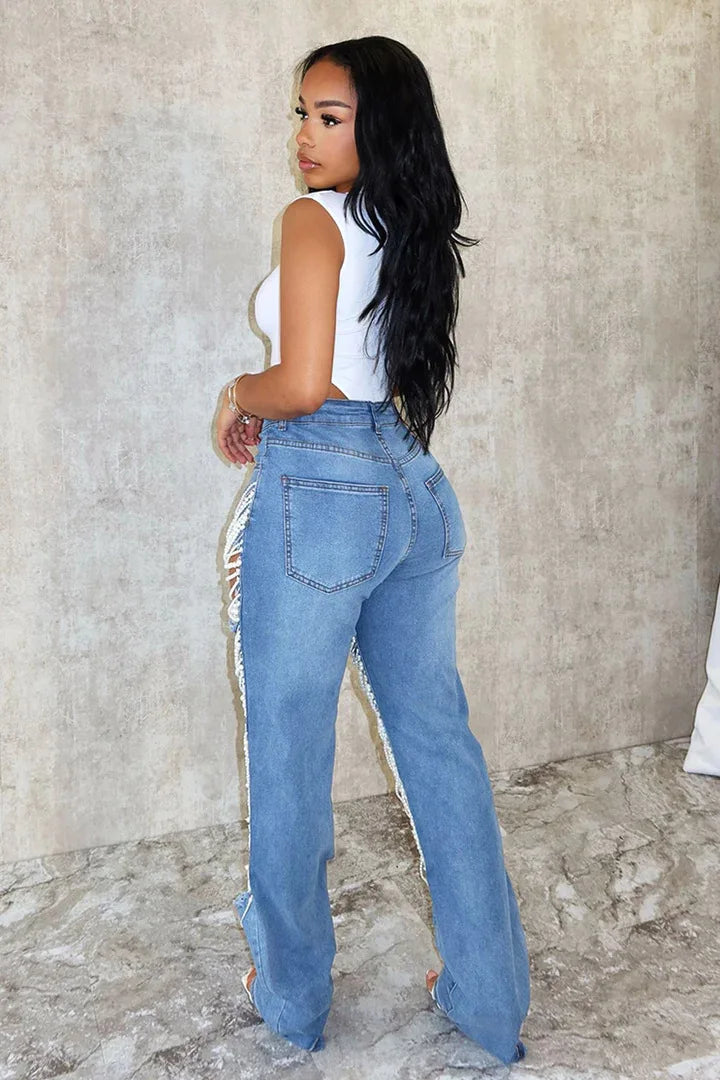 Women's Destroyed Ripped Hole Denim Pants Pearl Rhinestones Chain Distressed Slim Fit Skinny Jeans Y2K Night Club Party Jeans